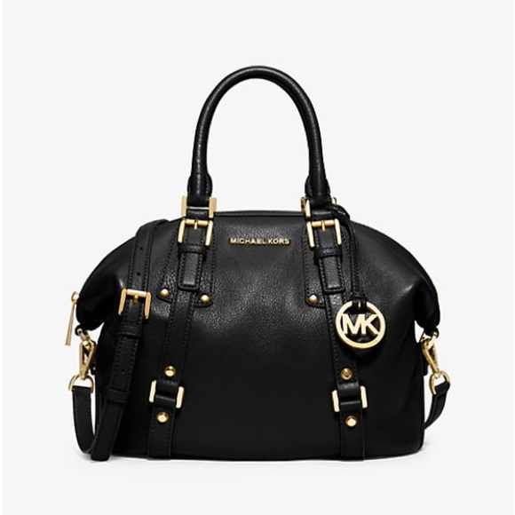 Michael Kors Bedford Belted Gold Metal Black Leather Crossbody Bag - Picture 1 of 16
